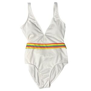 The Kelly Cahill Collection White One-Piece Swimsuit Rainbow Belt Women's Medium
